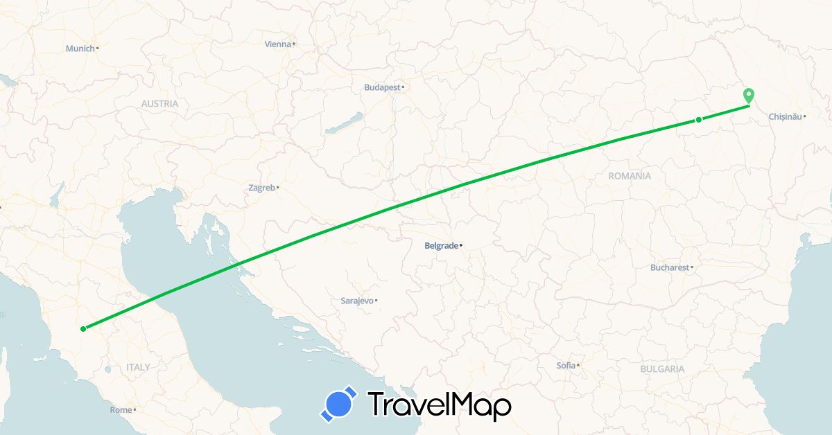 TravelMap itinerary: driving, bus in Italy, Romania (Europe)